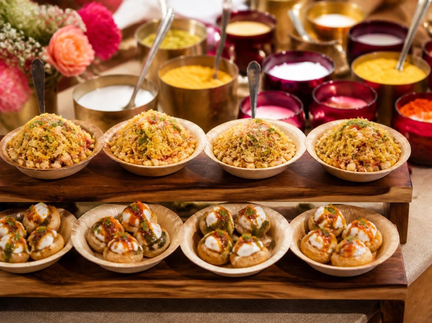 Bhel puri and pani puri chaat counter for a baby shower brunch
