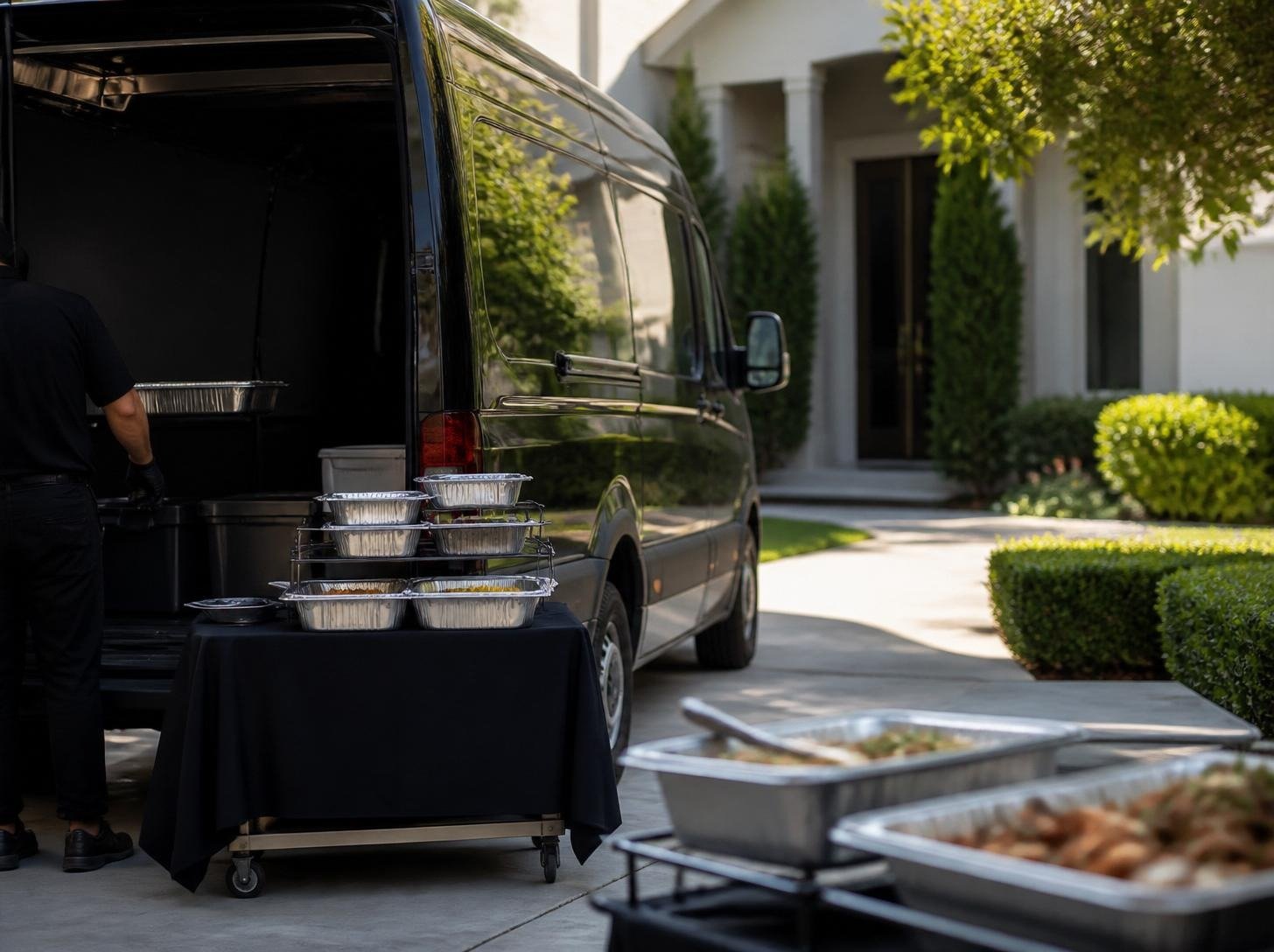 Catering delivery van unloading trays at a home baby shower
