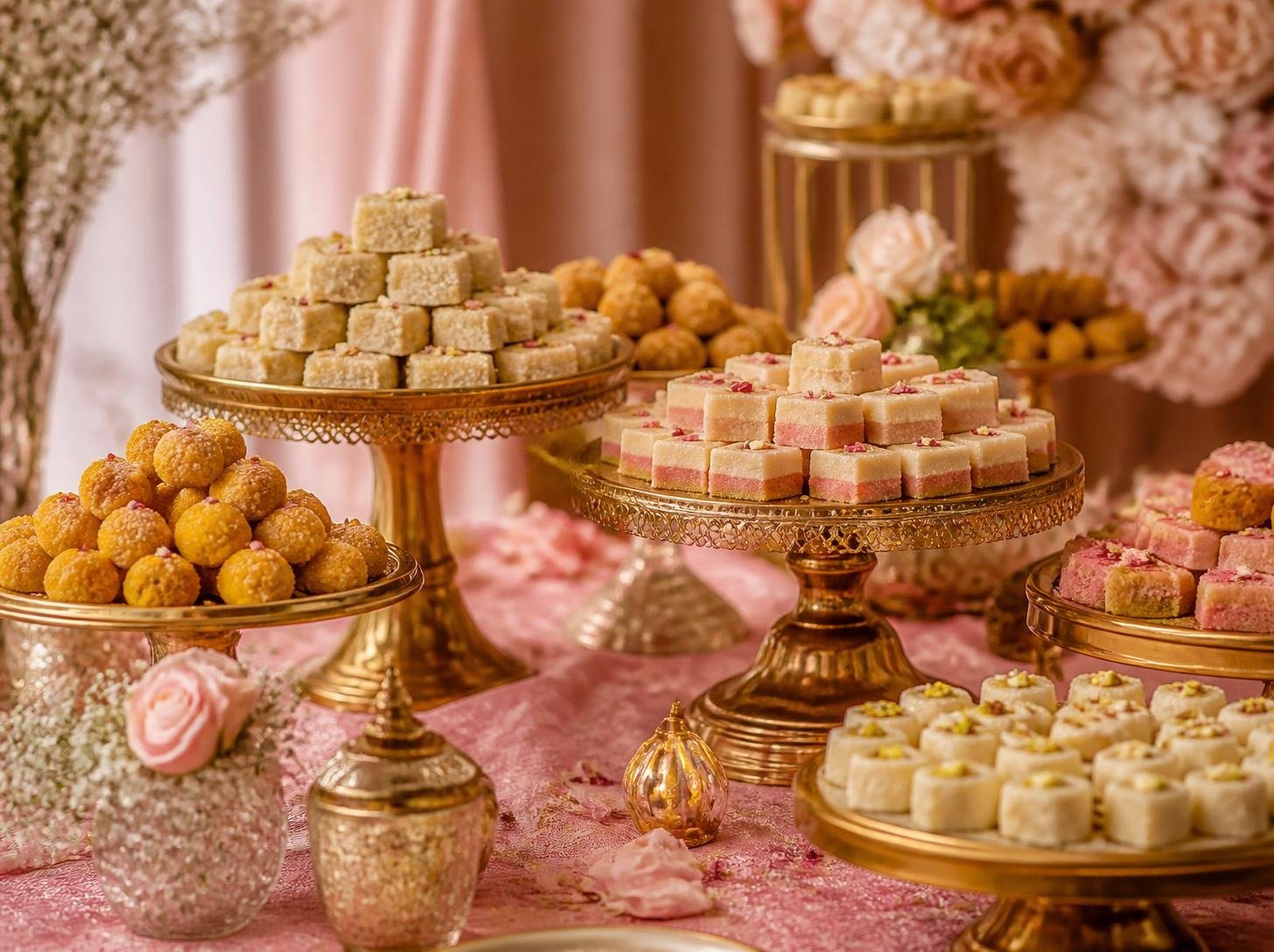 Mithai and dessert stands at a baby shower