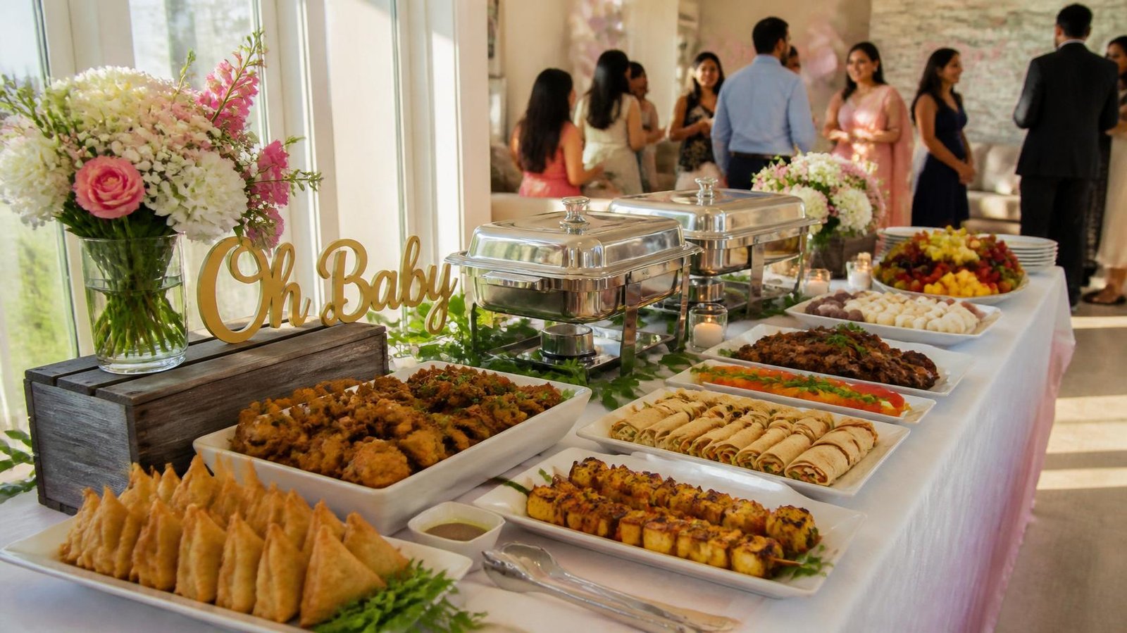 Elegant Indian baby shower buffet table with samosas, pakoras and paneer tikka