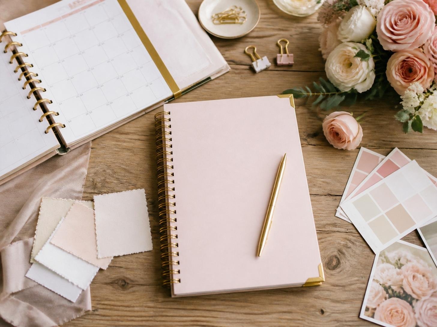 Event planning notebook and calendar with flowers and fabric swatches
