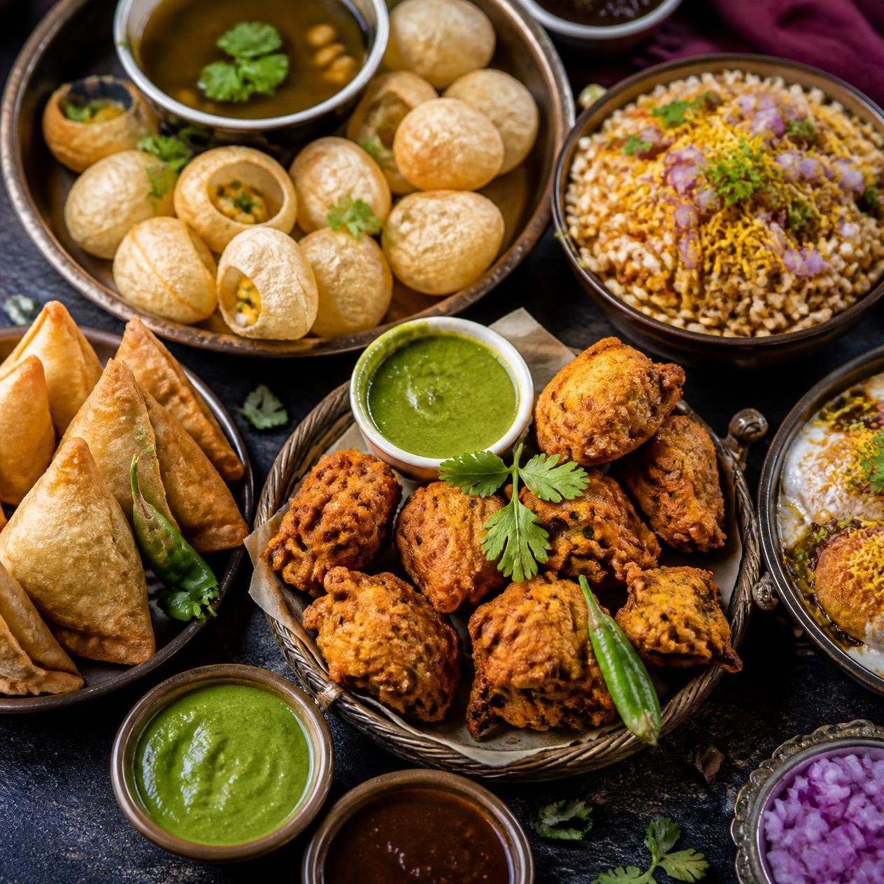 Colorful Indian street food chaat spread for a cultural festival, catered by Spice 'n' Tadka