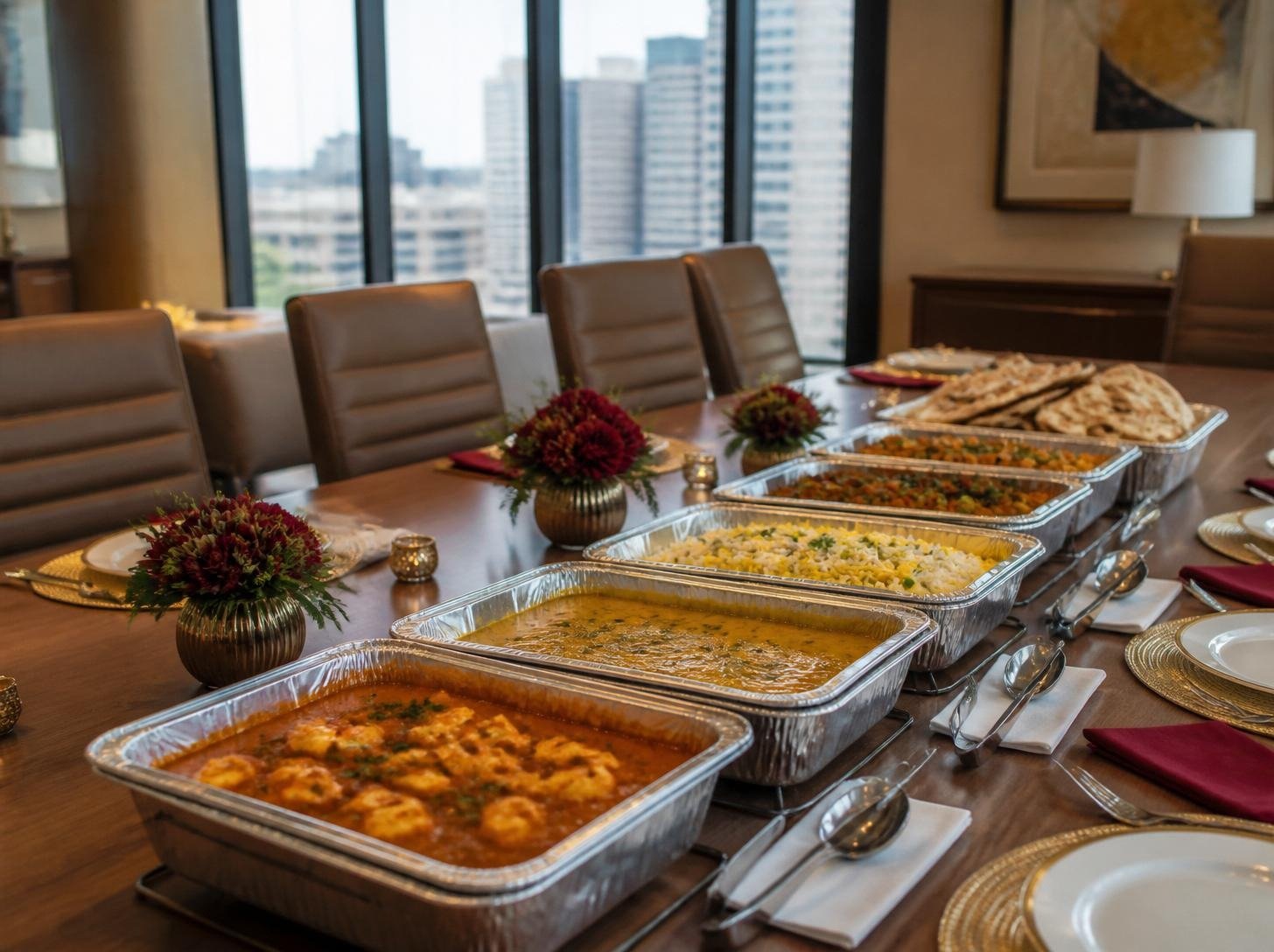 Boardroom table set with catering trays and a city view