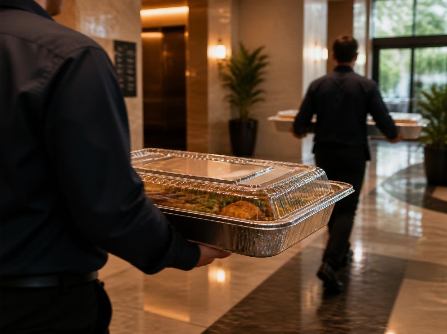 Caterer delivering labeled food trays through an office lobby