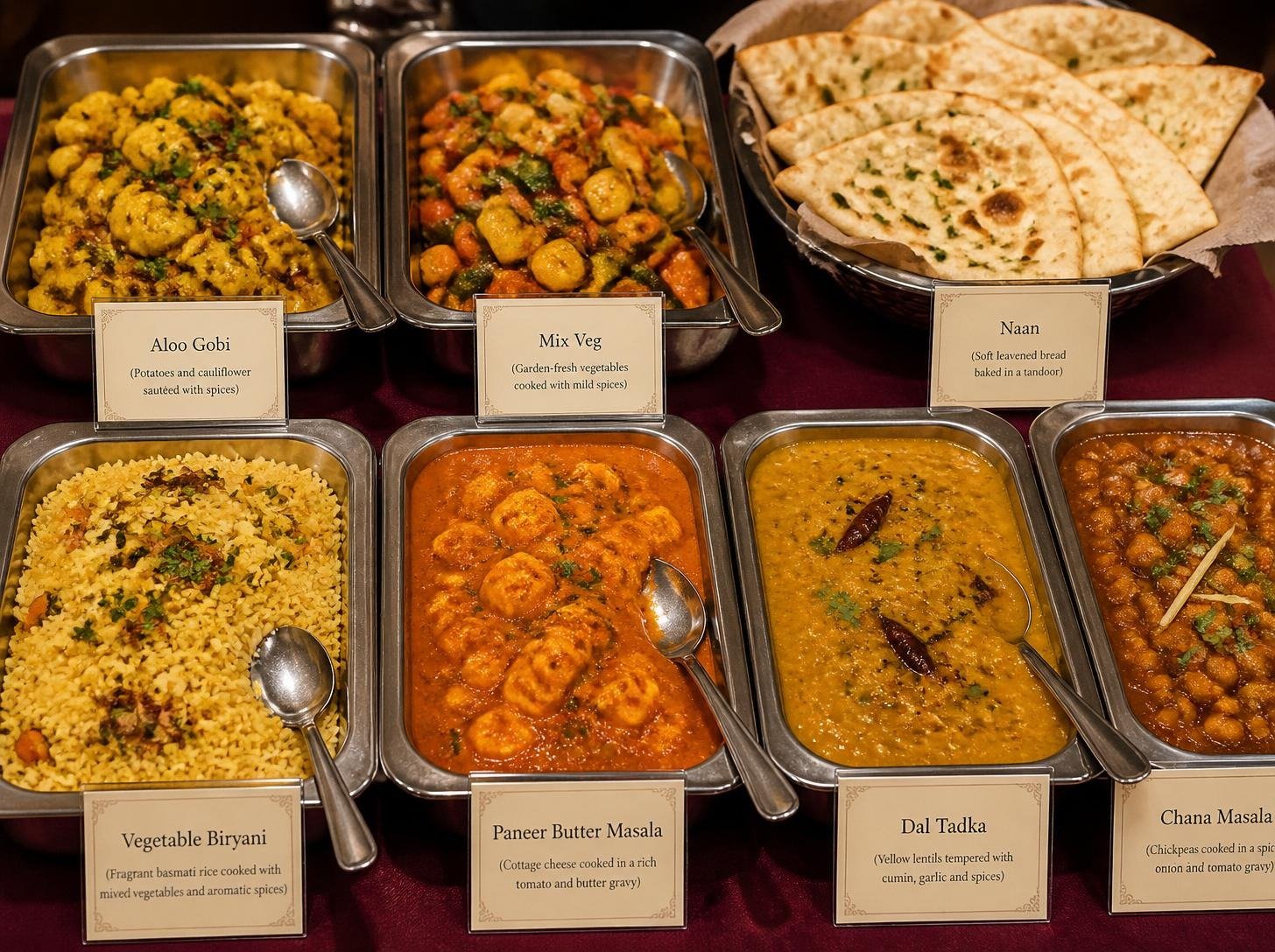 Catering trays labeled with dish names for an office lunch