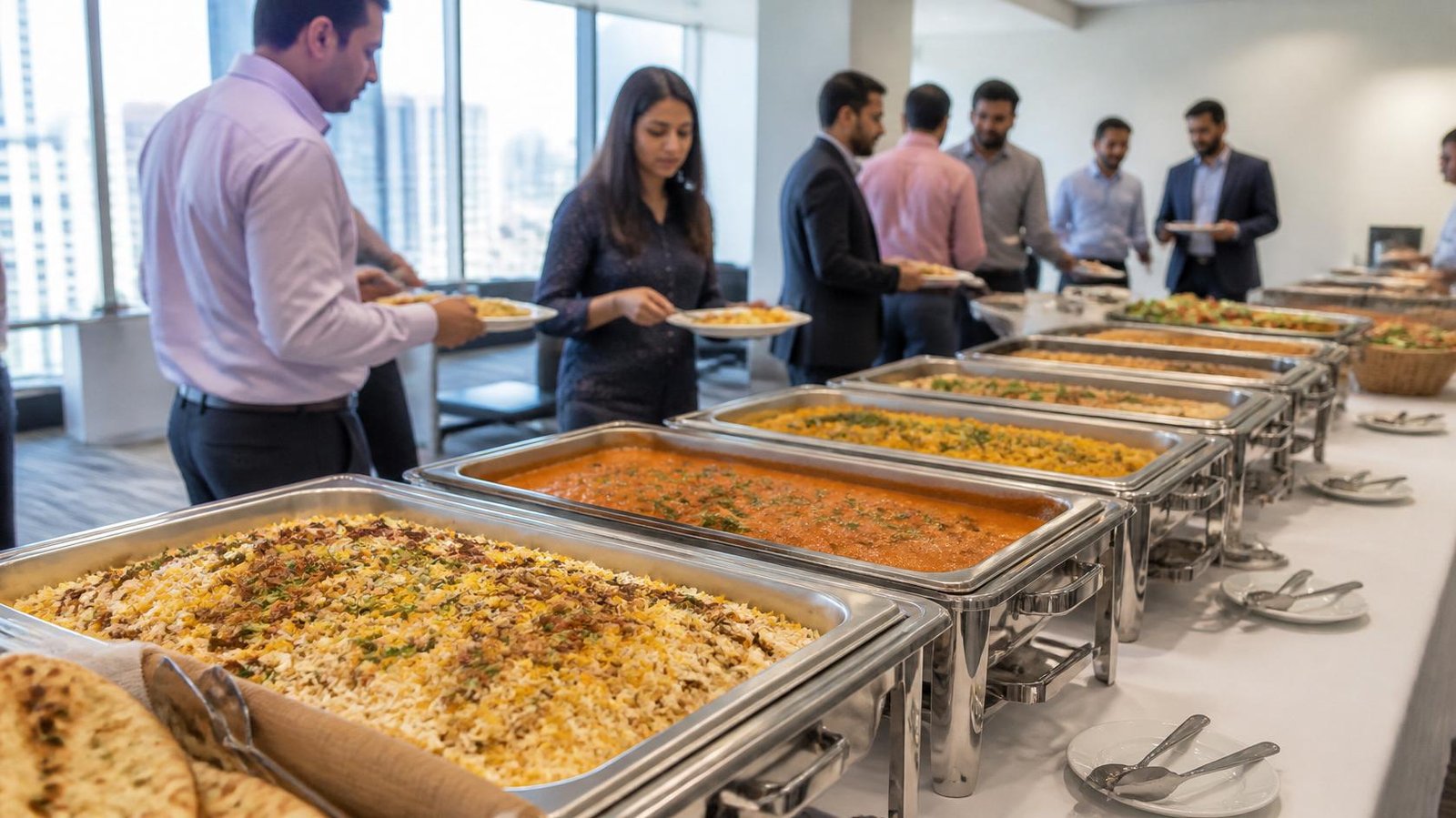 Professional office lunch setup with Indian food in chafing dishes for corporate catering