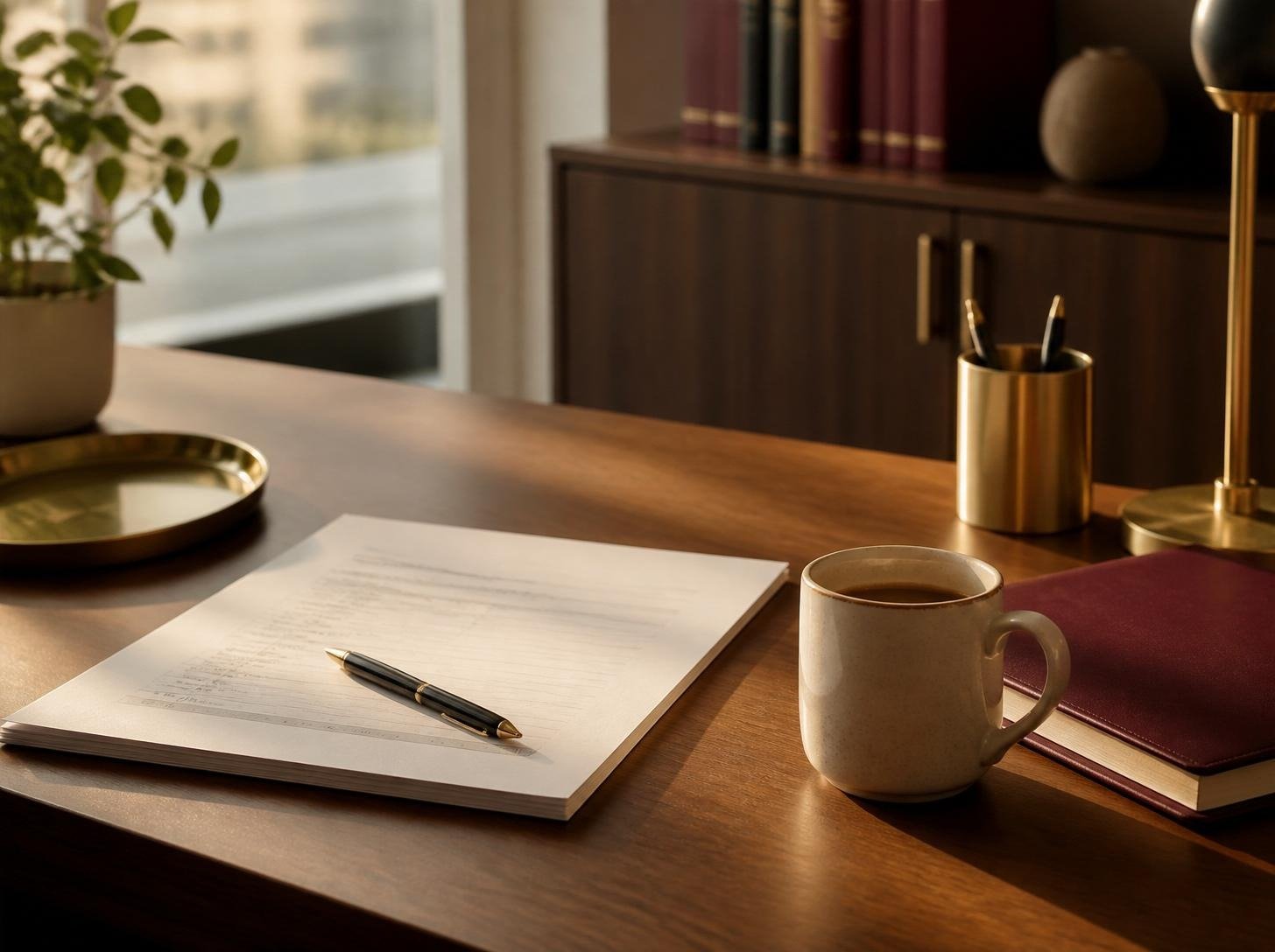Office desk with an invoice, pen and coffee