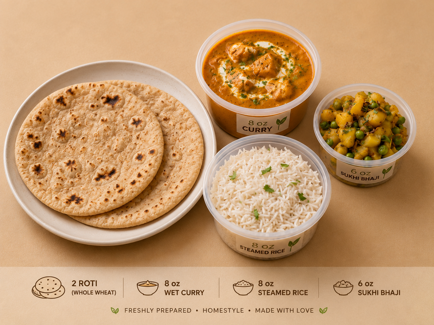 Packaged daily meal delivery: 2 roti, 8oz curry, 8oz steamed rice and 6oz sukhi bhaji in take-home containers