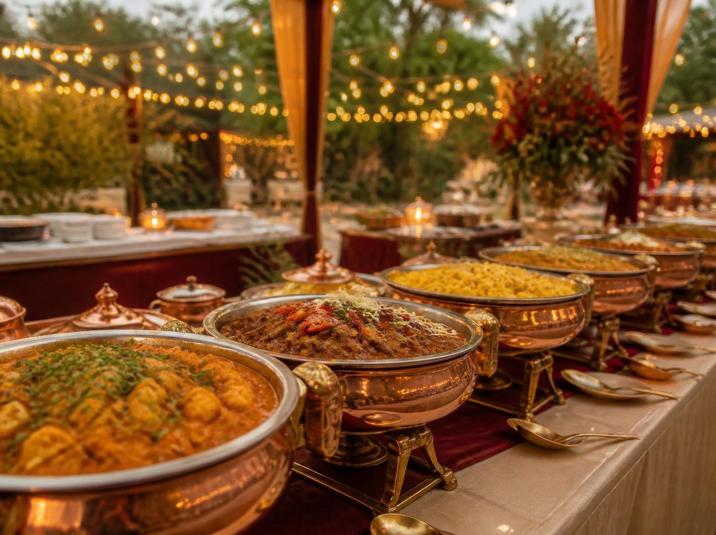 Outdoor festival buffet with copper serving dishes and string lights