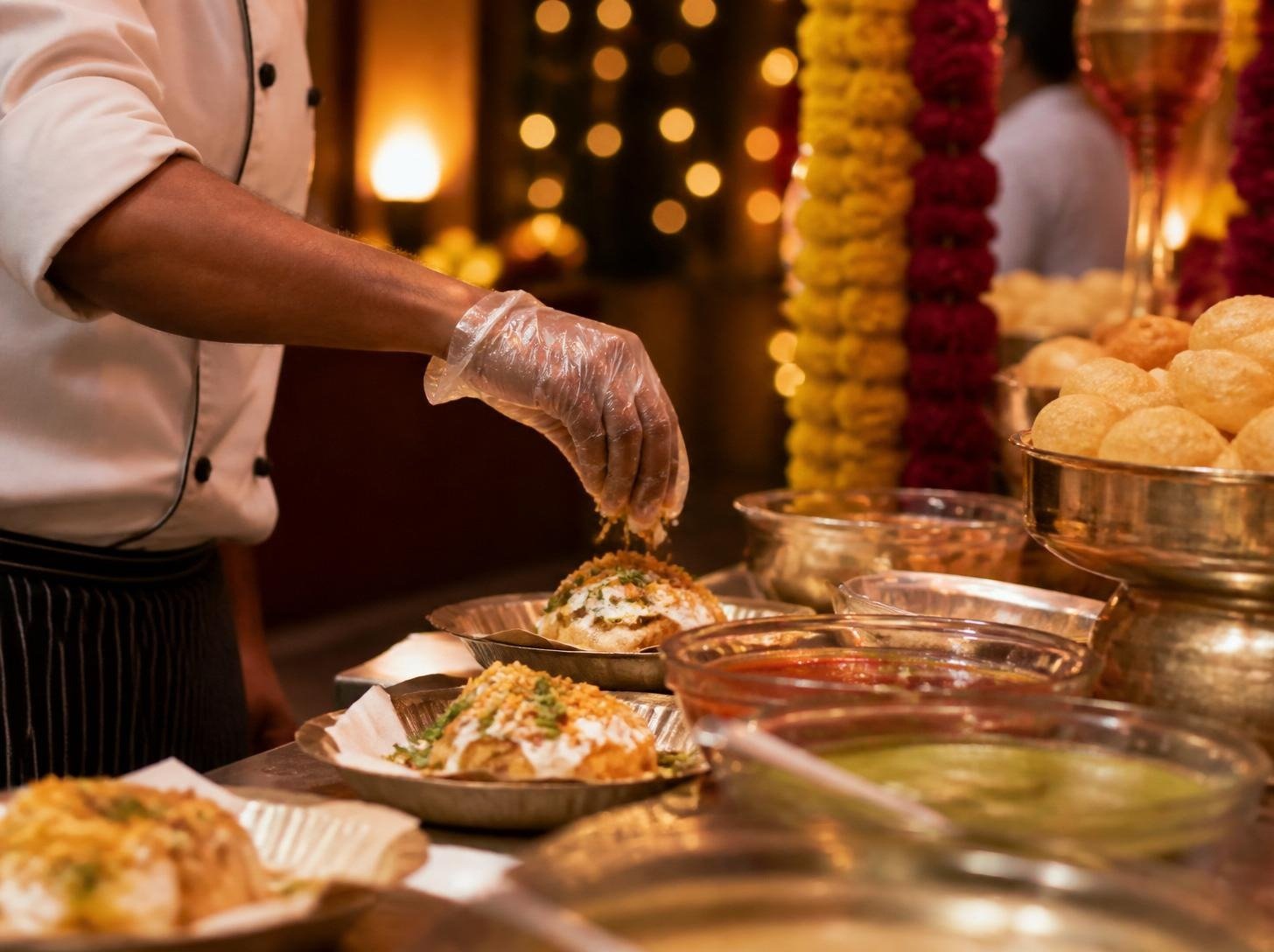 Chef plating chaat at a festive live counter with marigold garlands