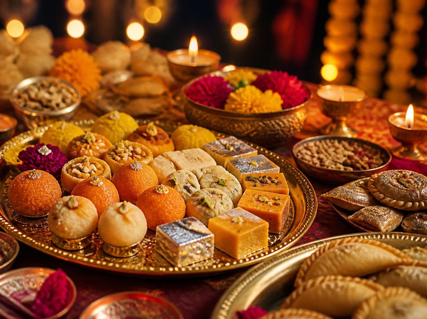 Festival mithai platter with diyas and marigolds
