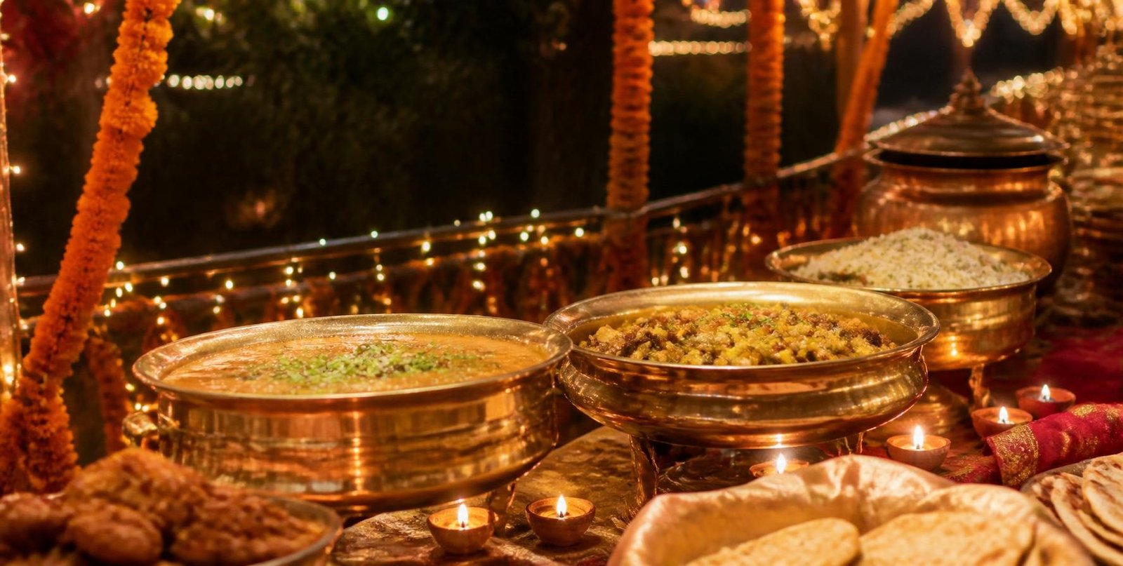 Candlelit festival table with copper serving bowls and marigold garlands at night