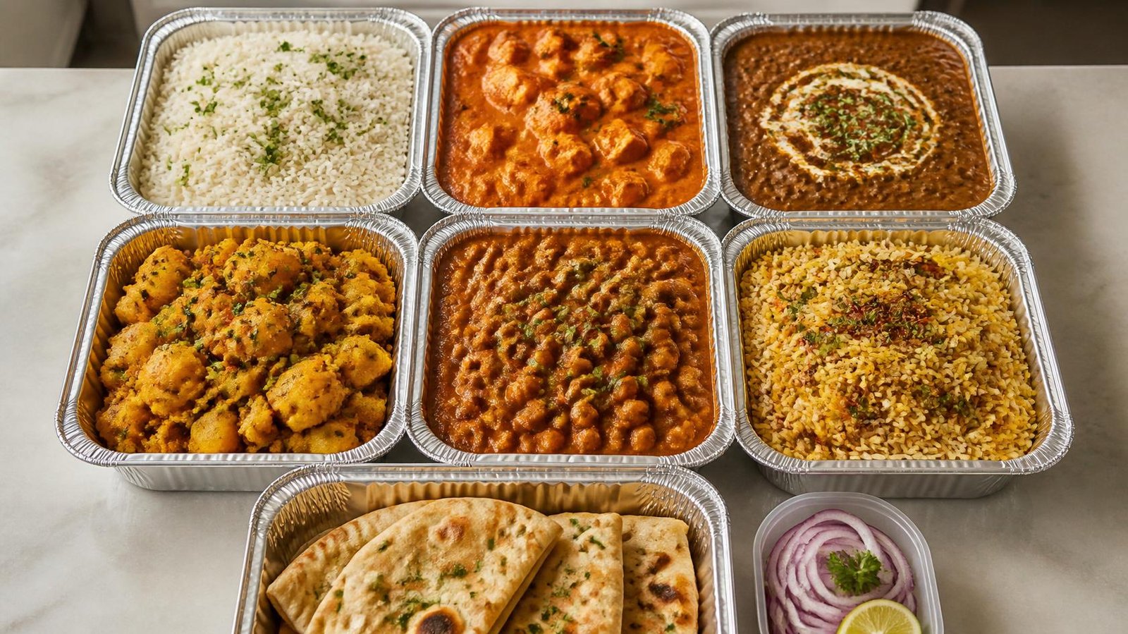 Family-size foil trays of vegetarian Indian food packed for pickup
