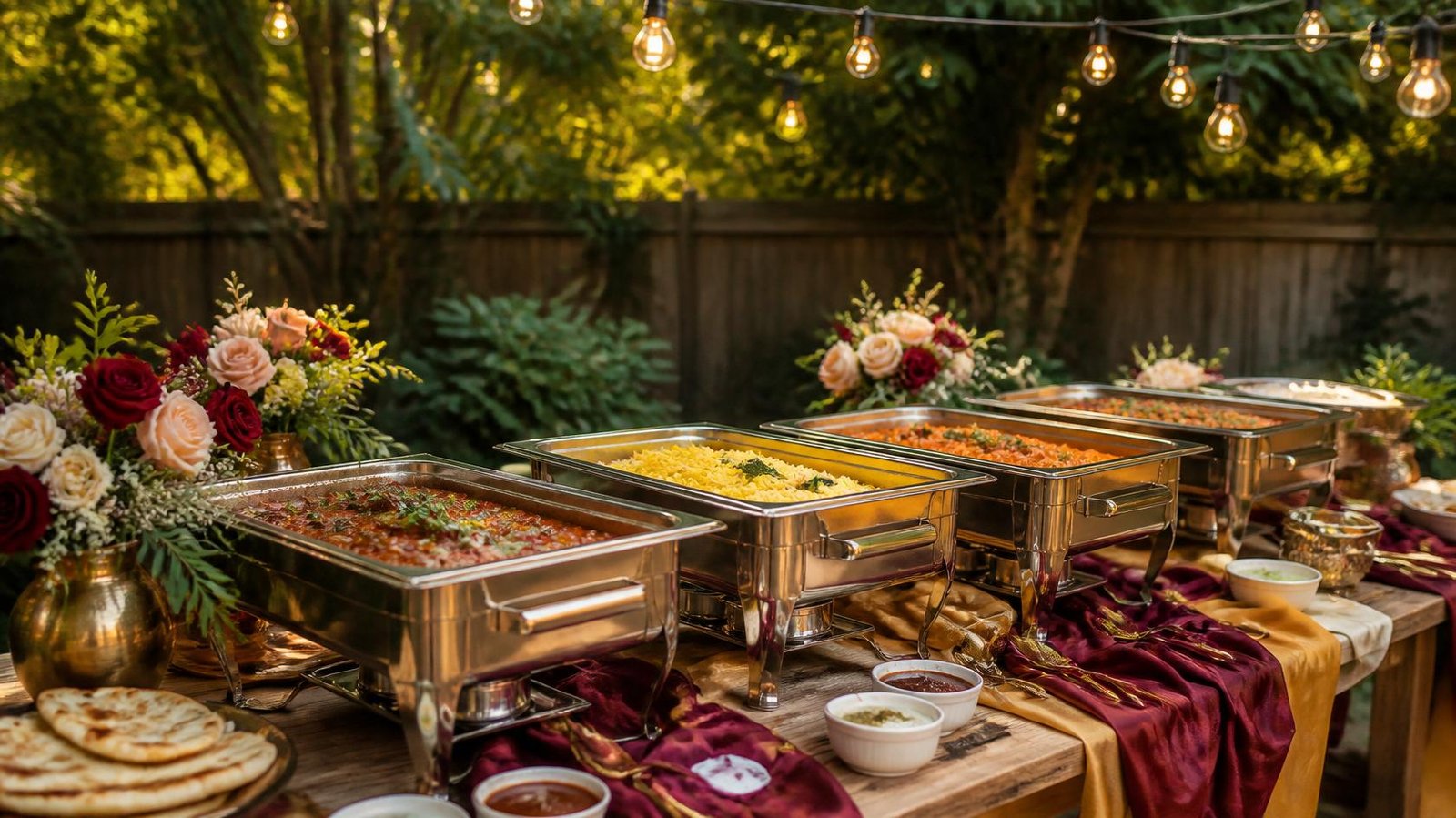 Backyard buffet table with chafing dishes, floral arrangements and string lights