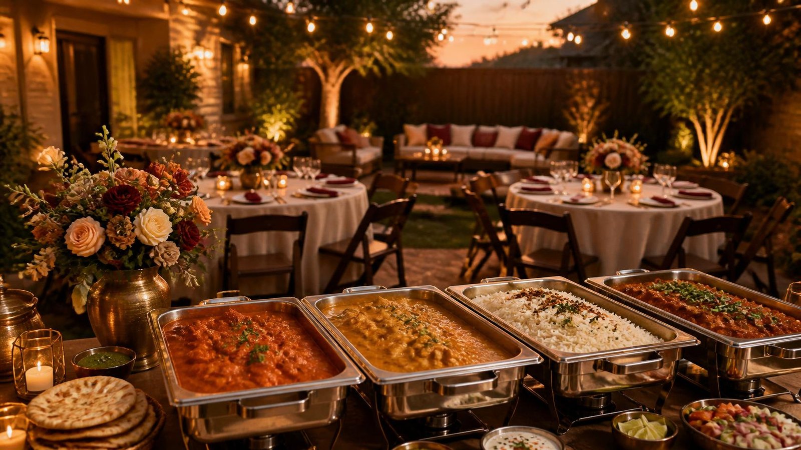 Backyard patio set up for a family celebration with string lights and Indian catering
