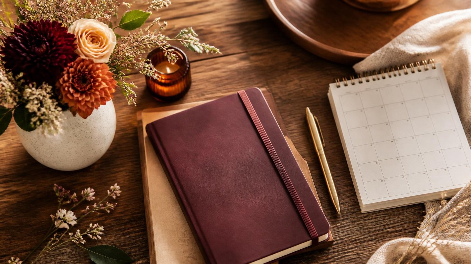Family planning notebook, calendar and pen with a small vase of seasonal flowers