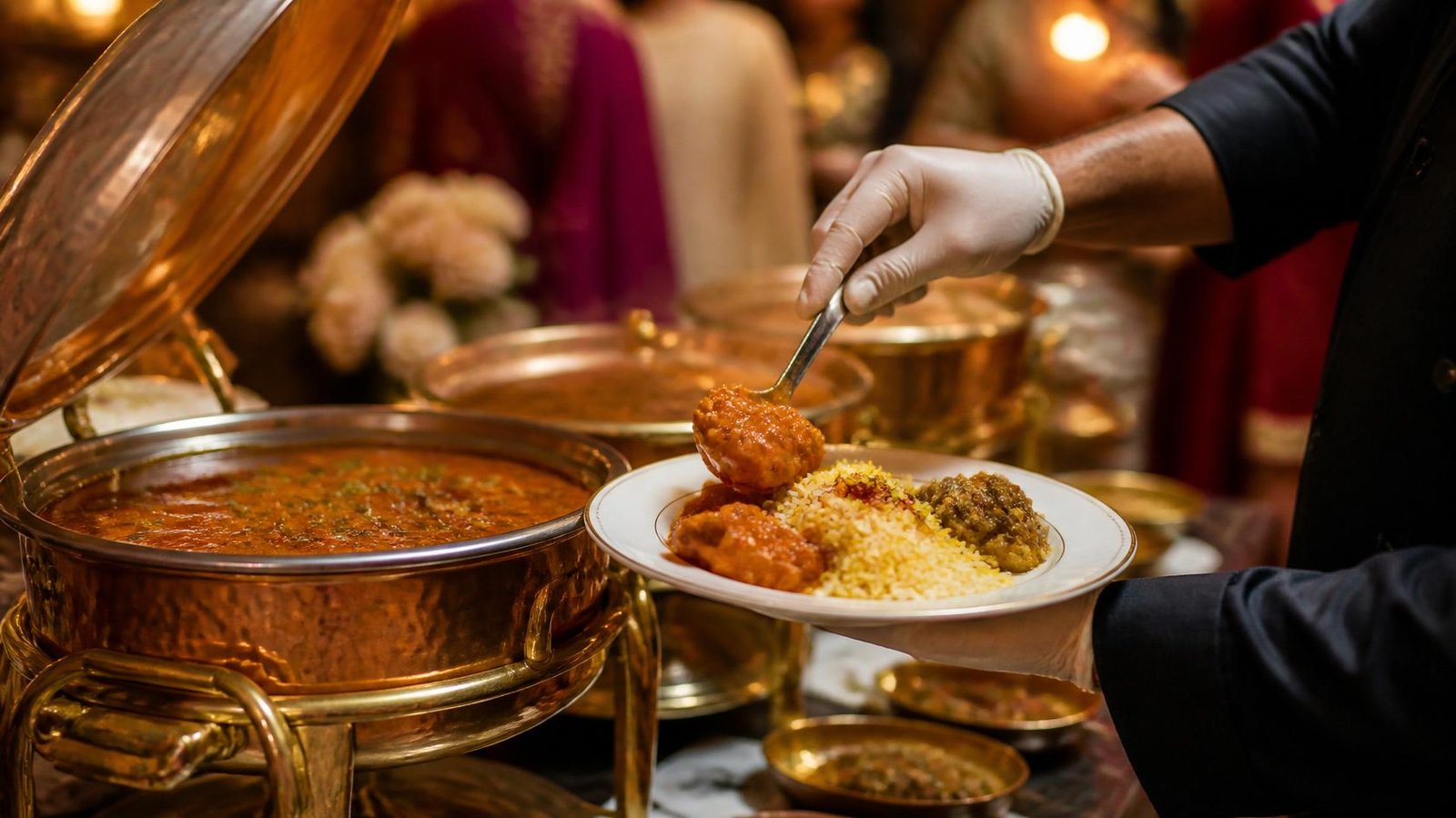 Caterer's gloved hand plating food from chafing dishes at an event