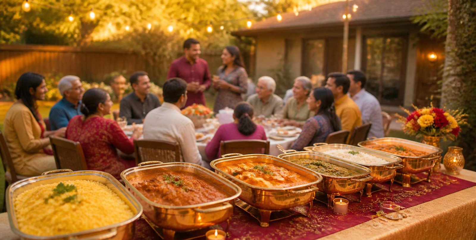 Multi-generational family gathered at a backyard Indian catering buffet with string lights