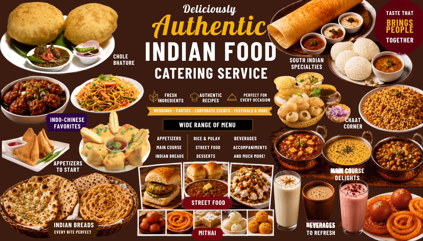 Spice 'n' Tadka menu highlights — appetizers, street food, mains, breads, mithai and beverages
