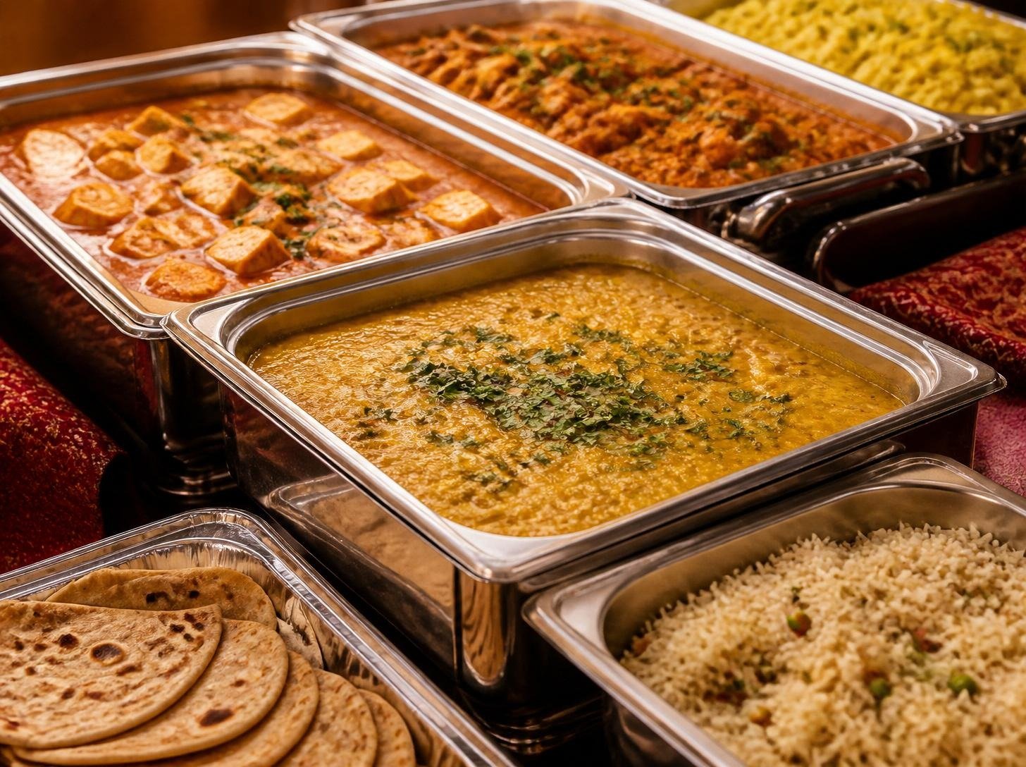 Large-batch foil trays of vegetarian food and naan ready for delivery