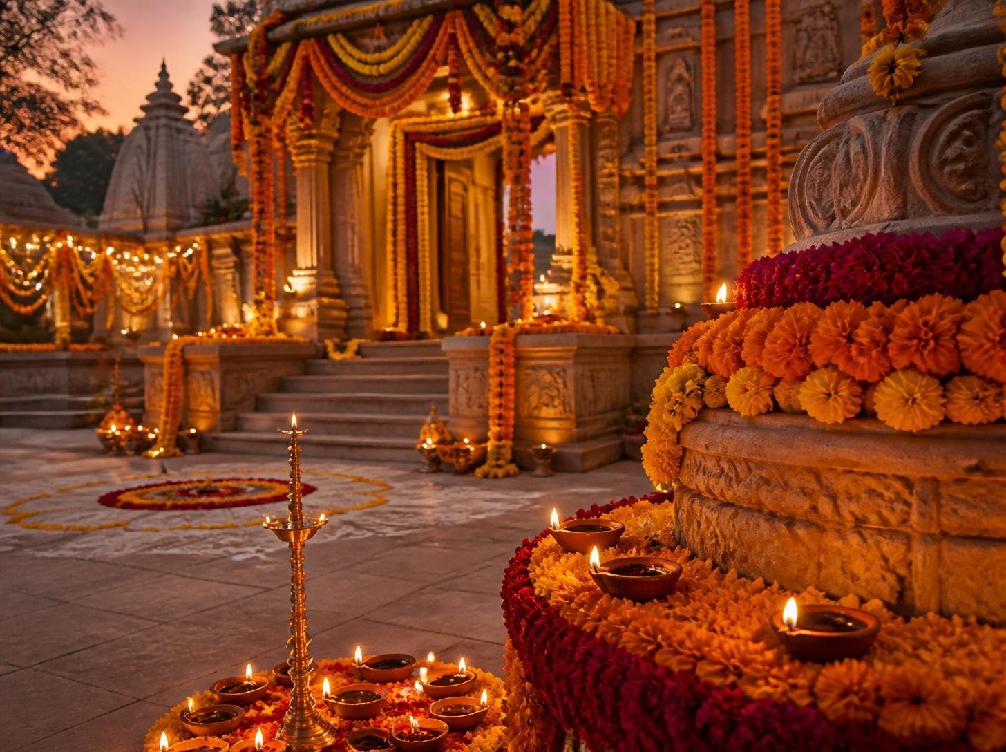 Temple courtyard decorated with marigold garlands and diyas at dusk