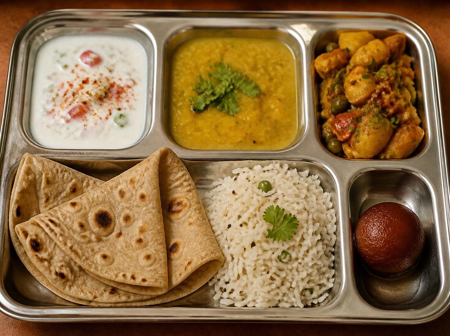 Traditional vegetarian thali with dal, sabzi, roti, rice and dessert