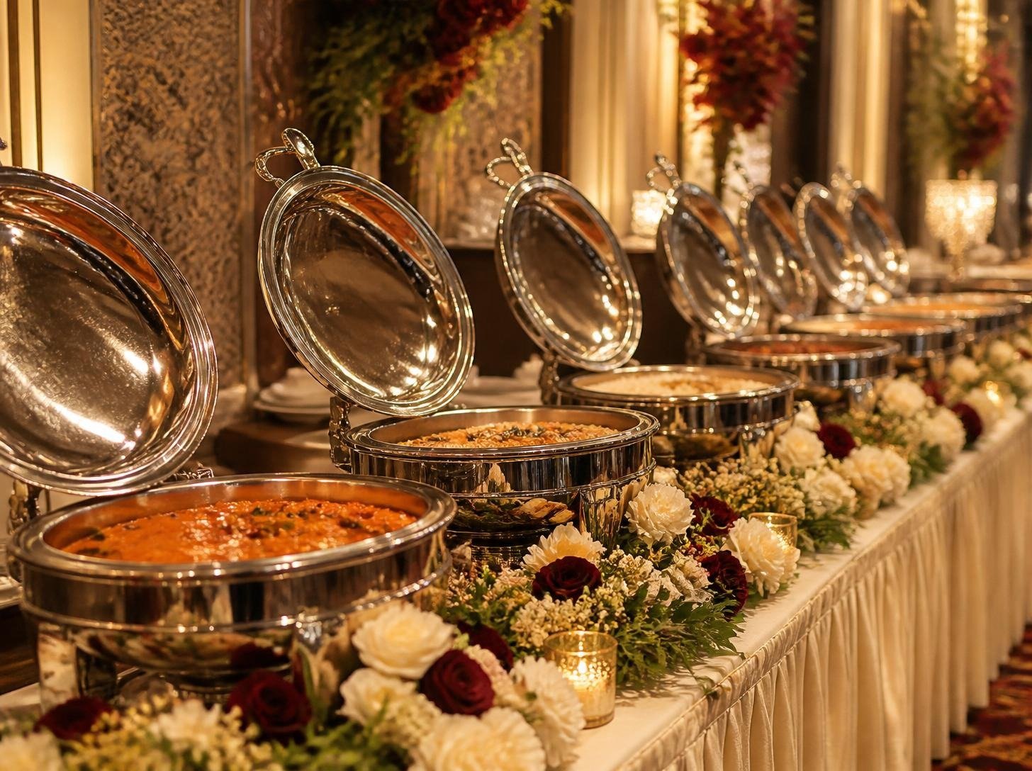 Elegant wedding buffet table with polished chafing dishes and roses