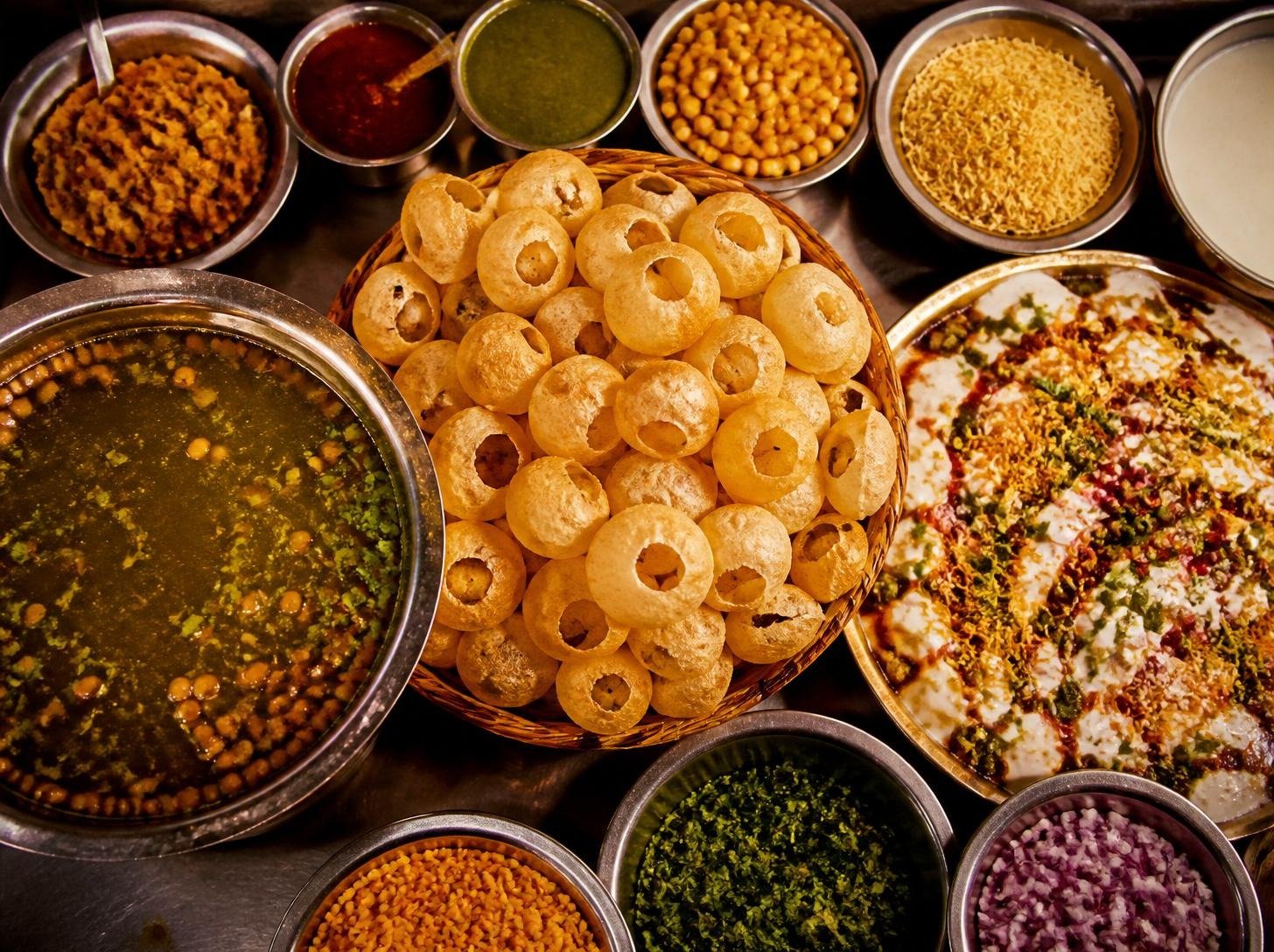 Overhead view of a wedding chaat counter with pani puri, bhel and dahi puri