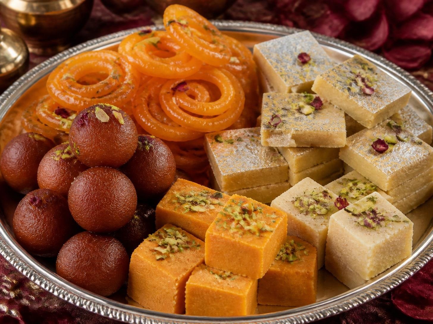Silver platter of gulab jamun, jalebi and barfi mithai