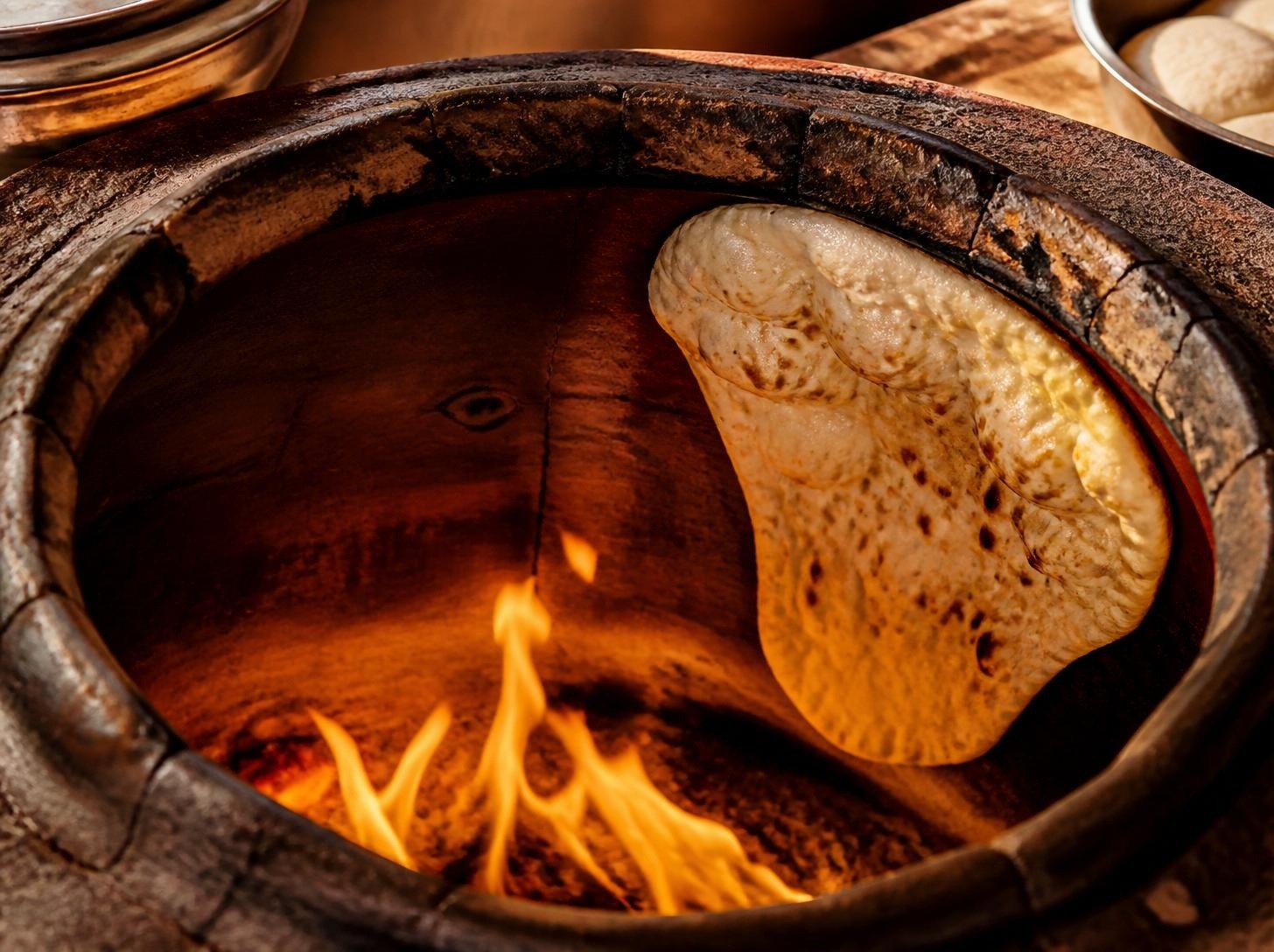 Fresh naan cooking over an open flame in a clay tandoor